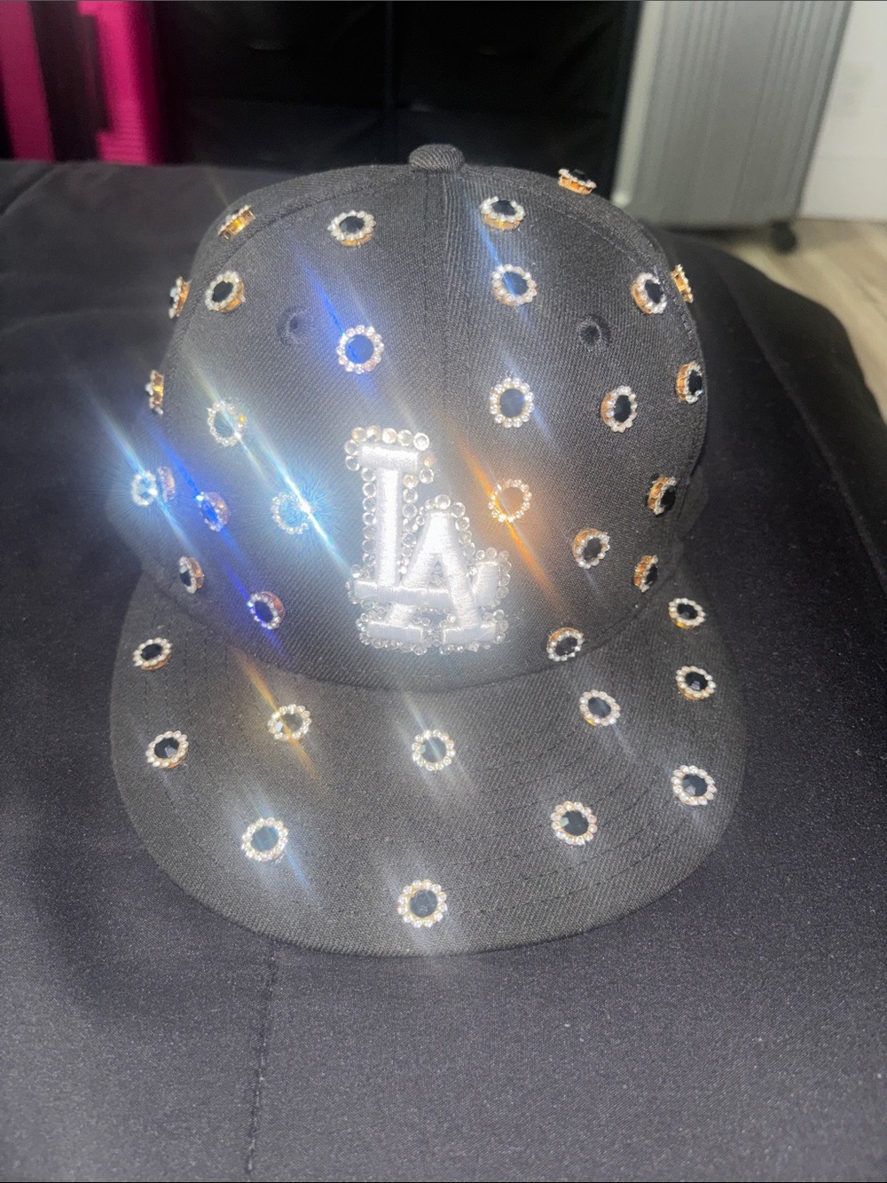 Embellished Black Rhinestone LA Baseball Cap